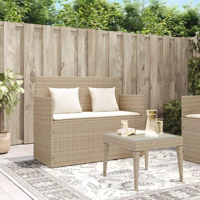 Alt view image 2 of 7 - vidaXL Patio Bench with Cushions Outdoor Loveseat Furniture Beige Poly Rattan