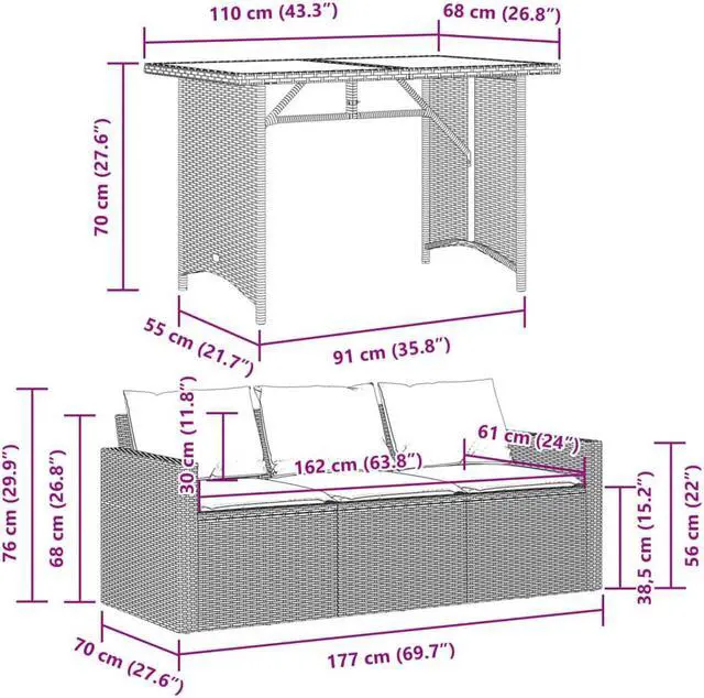 Alt view image 4 of 6 - vidaXL Patio Dining Set with Cushions Garden Furniture 2 Piece Brown Poly Rattan