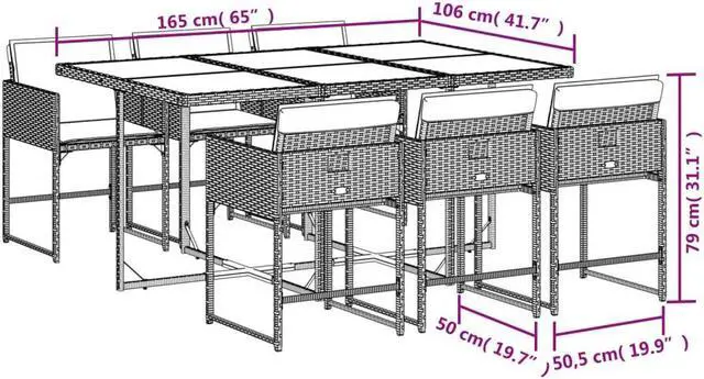 Alt view image 4 of 6 - vidaXL Patio Dining Set with Cushions Garden Furniture 7 Piece Gray Poly Rattan