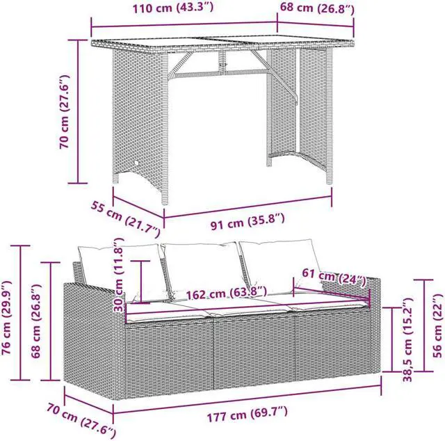 Alt view image 4 of 6 - vidaXL Patio Dining Set with Cushions Garden Furniture 2 Piece Gray Poly Rattan