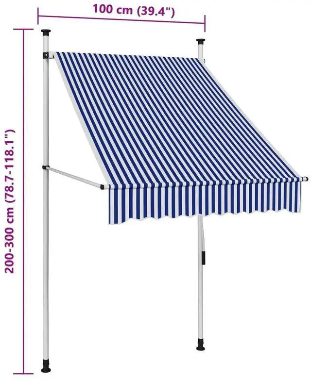 Alt view image 4 of 7 - vidaXL Retractable Awning Patio Awning with Hand Crank Blue and White Stripes