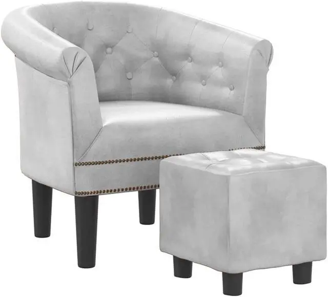 Alt view image 2 of 7 - vidaXL Tub Chair with Footstool Accent Barrel Armchair Silver Faux Leather