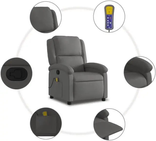 Alt view image 4 of 5 - vidaXL Massage Recliner Chair Adjustable Reclining Armchair Gray Real Leather