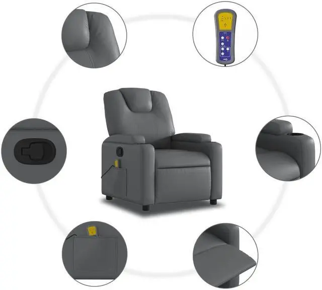Alt view image 4 of 5 - vidaXL Massage Recliner Chair Adjustable Reclining Armchair Gray Faux Leather
