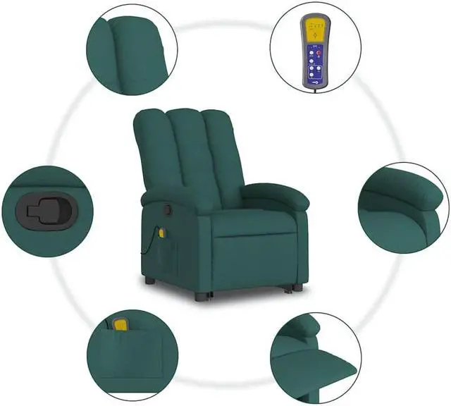 Alt view image 5 of 5 - vidaXL Stand up Massage Recliner Chair Power Lift Armchair Dark Green Fabric