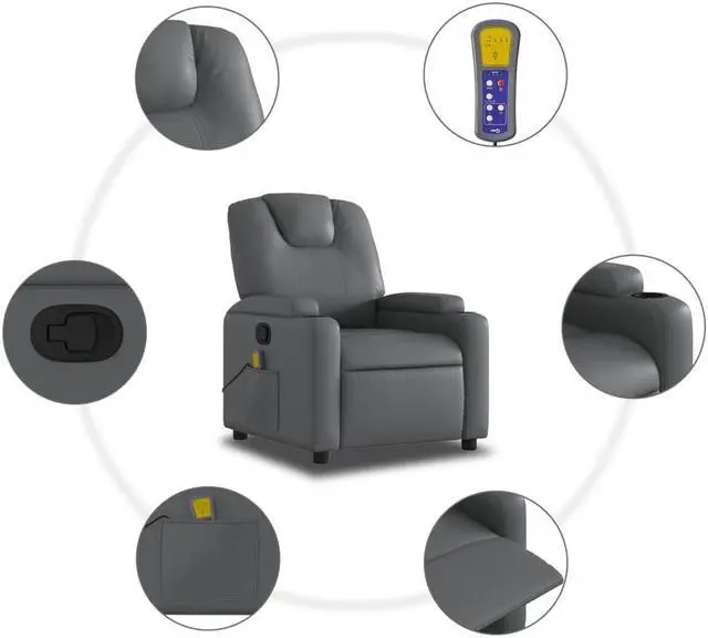 Alt view image 4 of 5 - vidaXL Massage Recliner Chair Reclining Armchair for Elderly Gray Faux Leather