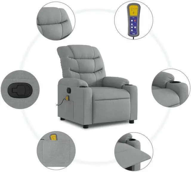 Alt view image 4 of 5 - vidaXL Massage Recliner Chair Adjustable Reclining Armchair Light Gray Fabric