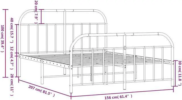 Alt view image 4 of 7 - vidaXL 12 Inch Black Queen Bed Frame with Headboard & Footboard, Sturdy Metal Platform Bed Frame & Slats, Extra Under Bed Storage, No Box Spring Needed, without Mattress