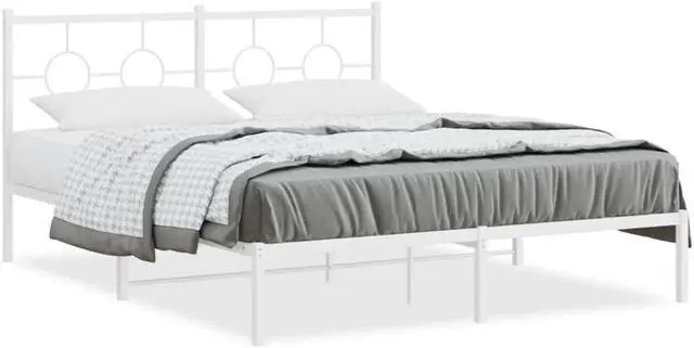 Alt view image 2 of 6 - vidaXL Metal Bed Frame with Headboard Base Bedroom Furniture White 59.1"x78.7"