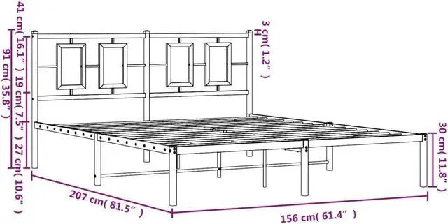 Alt view image 4 of 6 - vidaXL Metal Bed Frame with Headboard Bedroom Furniture White 59.1"x78.7"