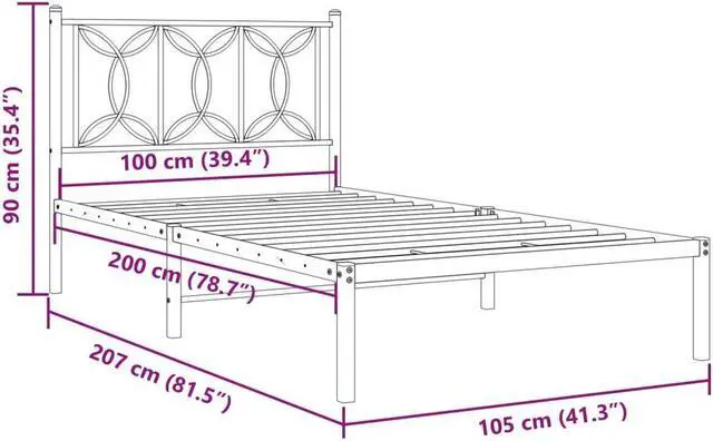 Alt view image 4 of 6 - vidaXL Metal Bed Frame with Headboard Bedroom Furniture White 39.4"x78.7"