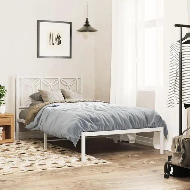 Main image of vidaXL Metal Bed Frame with Headboard Bedroom Furniture White 39.4"x78.7"