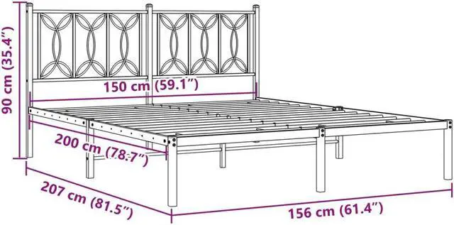 Alt view image 4 of 6 - vidaXL Metal Bed Frame with Headboard Bedroom Furniture Black 59.1"x78.7"