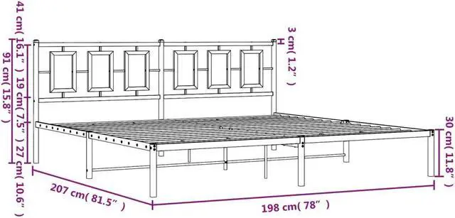 Alt view image 4 of 6 - vidaXL Metal Bed Frame with Headboard Bedroom Furniture White 76"x79.9" King