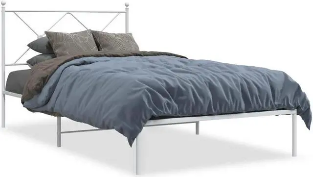 Alt view image 2 of 6 - vidaXL Metal Bed Frame with Headboard Bedroom Furniture White 39.4"x78.7"