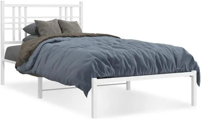 Alt view image 2 of 6 - vidaXL Metal Bed Frame with Headboard Bedroom Furniture White 39.4"x78.7"