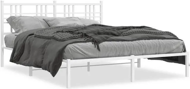 Alt view image 2 of 6 - vidaXL Metal Bed Frame with Headboard Bedroom Furniture White 59.1"x78.7"
