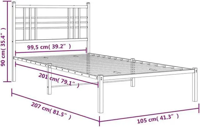 Alt view image 4 of 6 - vidaXL Metal Bed Frame with Headboard Bedroom Furniture White 39.4"x78.7"