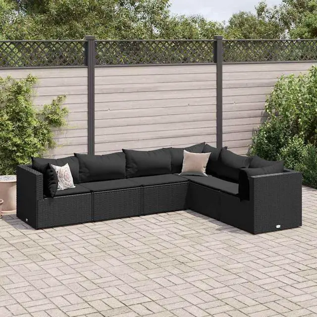 Main image of vidaXL Patio Lounge Set with Cushions Sectional Sofa 6 Piece Black Poly Rattan
