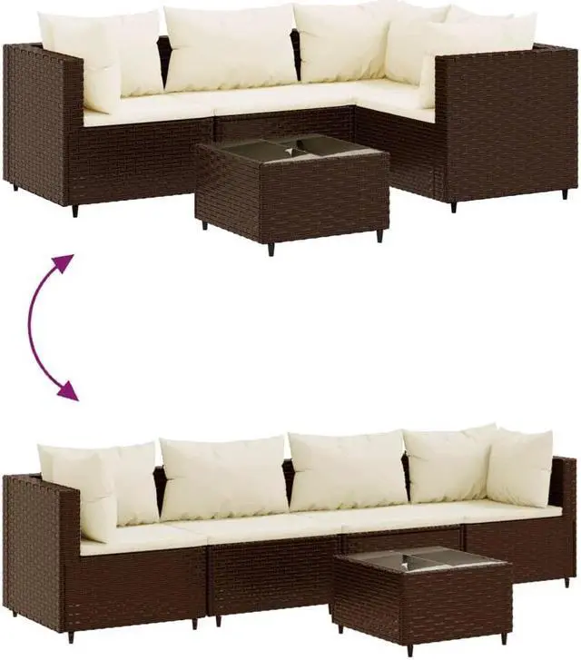 Alt view image 3 of 5 - vidaXL Patio Lounge Set with Cushions Sectional Sofa 5 Piece Brown Poly Rattan