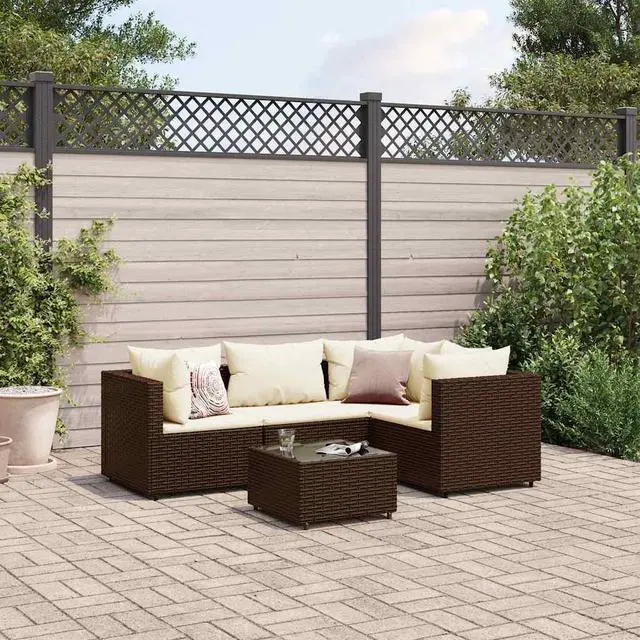 Main image of vidaXL Patio Lounge Set with Cushions Sectional Sofa 5 Piece Brown Poly Rattan