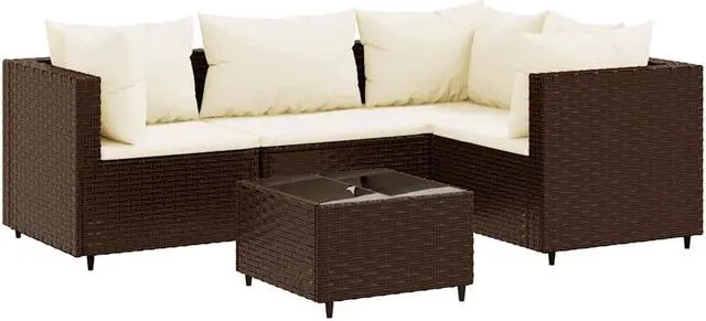 Alt view image 2 of 5 - vidaXL Patio Lounge Set with Cushions Sectional Sofa 5 Piece Brown Poly Rattan