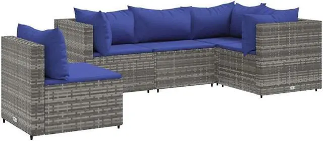 Alt view image 2 of 6 - vidaXL Patio Lounge Set with Cushions Sectional Sofa 5 Piece Gray Poly Rattan