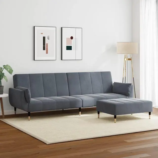 Alt view image 2 of 6 - vidaXL 2-Seater Sofa Bed with Footstool Couch Living Room Dark Gray Velvet