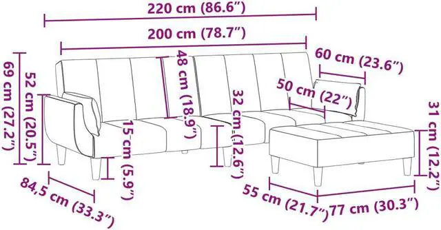 Alt view image 4 of 6 - vidaXL 2-Seater Sofa Bed with Footstool Couch Living Room Dark Gray Velvet