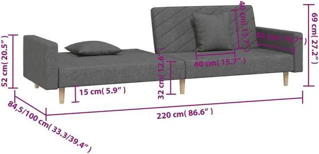 Alt view image 4 of 7 - vidaXL 2-Seater Sofa Bed with Two Pillows Accent Loveseat Couch Dark Gray Fabric