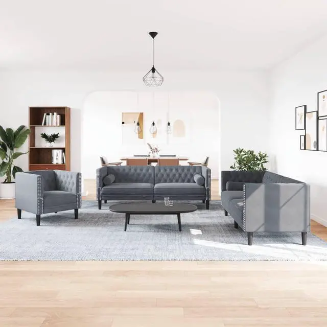 Alt view image 2 of 6 - vidaXL Chesterfield Sofa Set with Bolsters Settee 3 Piece Dark Gray Velvet