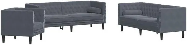 Alt view image 3 of 6 - vidaXL Chesterfield Sofa Set with Bolsters Settee 3 Piece Dark Gray Velvet