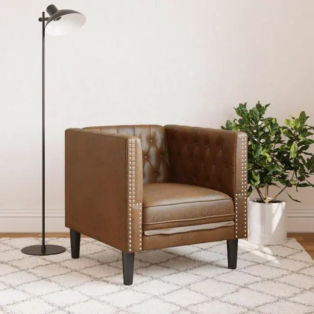 Alt view image 2 of 6 - vidaXL Chesterfield Sofa Chair Upholstered Couch Brown Faux Suede Leather