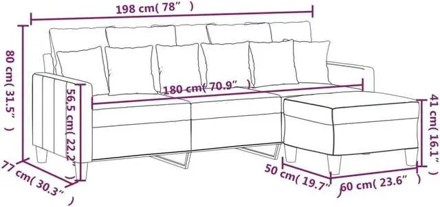 Alt view image 6 of 6 - vidaXL Sofa 3-Seater Couch Sofa Armchair with Footstool Light Gray Fabric