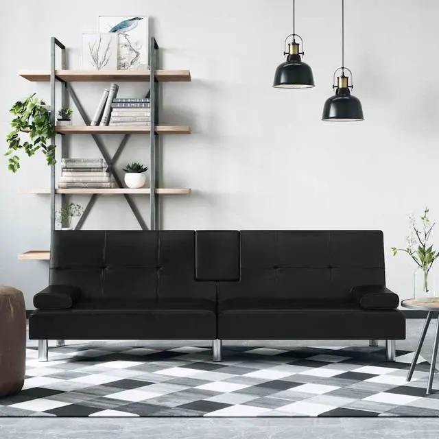 Main image of vidaXL Sofa Bed Sleeper Sofa Couch Bed with Cup Holders Black Faux Leather