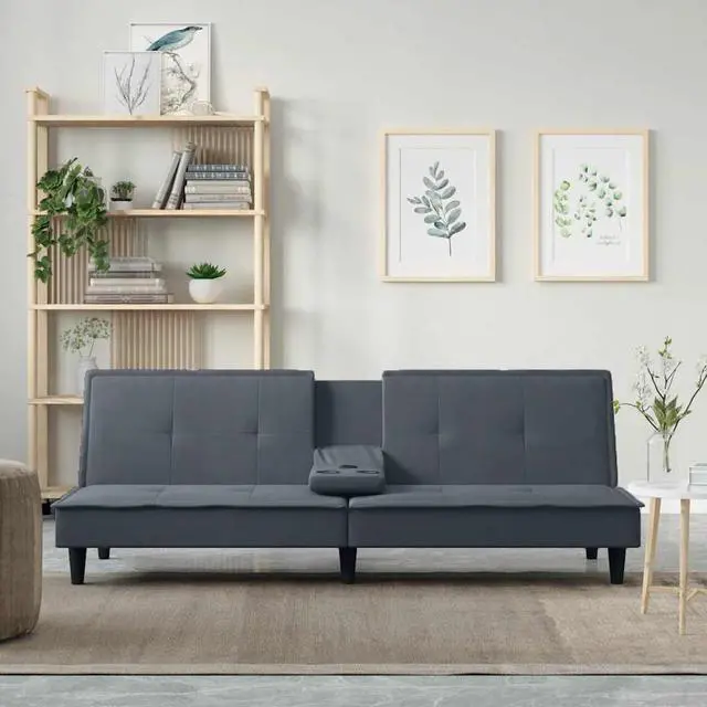 Main image of vidaXL Sofa Bed Convertible Sleeper Sofa Bed with Cup Holders Dark Gray Velvet