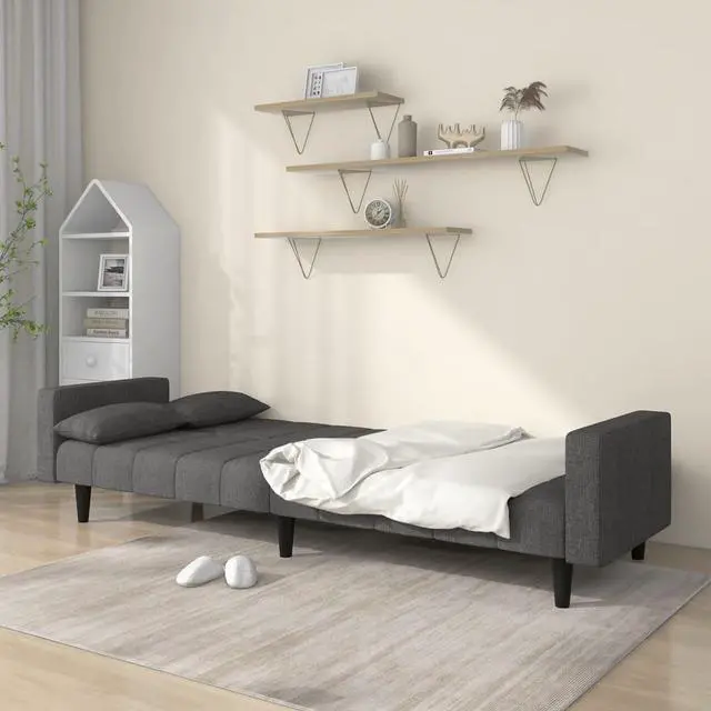 Alt view image 2 of 7 - vidaXL 2-Seater Sofa Bed with Two Pillows Accent Loveseat Couch Dark Gray Fabric