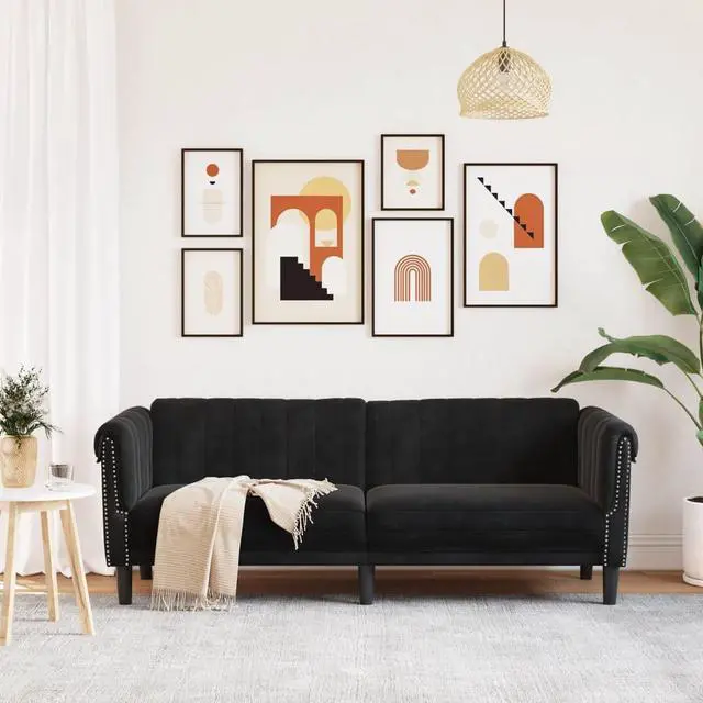 Alt view image 2 of 7 - vidaXL Sofa 3-Seater Upholstered Couch Living Room Furniture Black Velvet