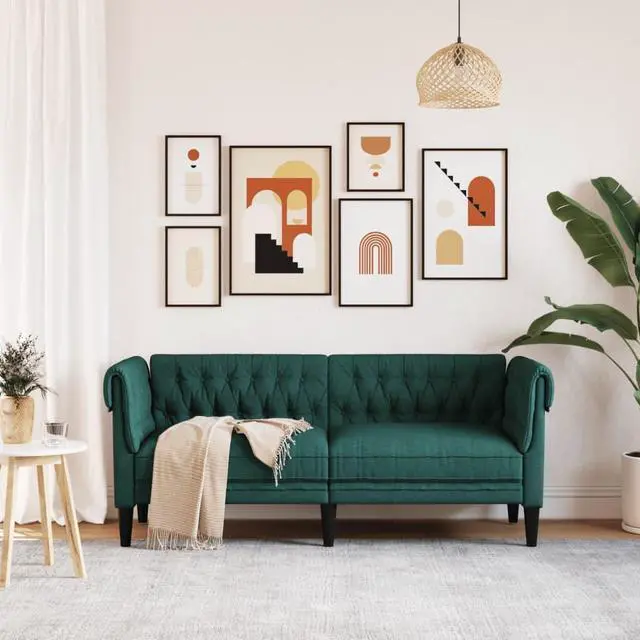Alt view image 2 of 7 - vidaXL Chesterfield Sofa 2-Seater Settee Loveseat Living Room Dark Green Fabric