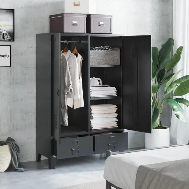 Alt view image 6 of 7 - vidaXL Wardrobe 2-Door Armoire Clothes Storage Organizer Closet Black Steel