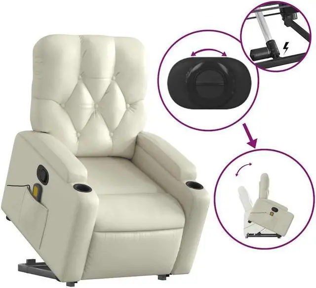 Alt view image 4 of 5 - vidaXL Stand up Massage Recliner Chair Power Lift Armchair Cream Faux Leather