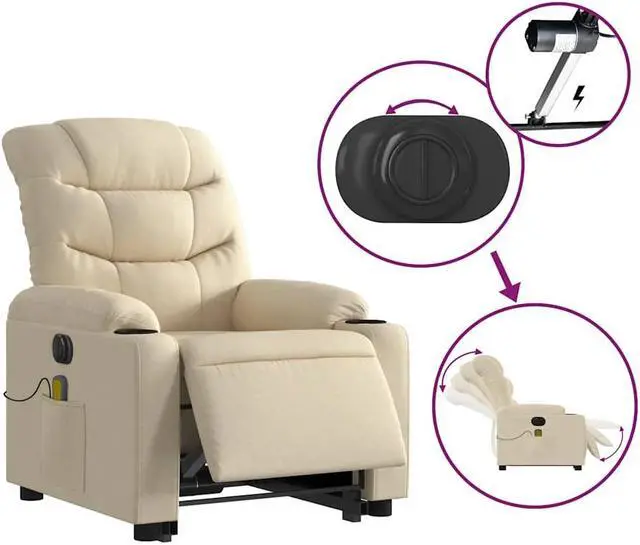 Alt view image 4 of 5 - vidaXL Electric Stand up Massage Recliner Chair Power Lift Armchair Cream Fabric