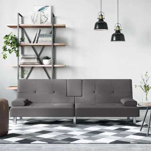 Main image of vidaXL Sofa Bed Sleeper Sofa Couch Bed with Cup Holders Gray Faux Leather