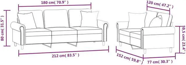 Alt view image 4 of 6 - vidaXL Sofa Set with Pillows Loveseat Couch Armchair 2 Piece Light Gray Velvet