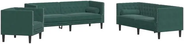 Alt view image 3 of 6 - vidaXL Chesterfield Sofa Set with Bolsters Settee 3 Piece Dark Green Velvet