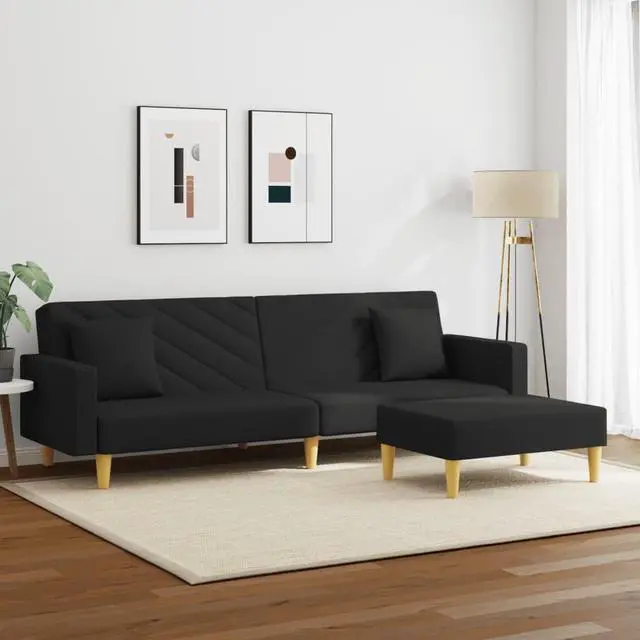 Alt view image 2 of 6 - vidaXL 2-Seater Sofa Bed with Pillows and Footstool Living Room Black Fabric