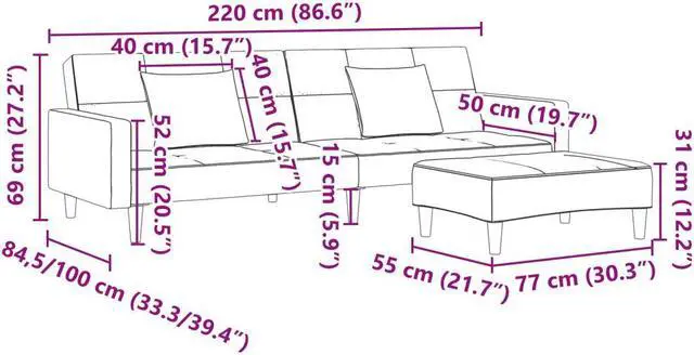 Alt view image 4 of 6 - vidaXL 2-Seater Sofa Bed with Footstool Upholstered Couch Settee Black Fabric