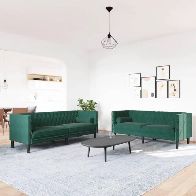 Alt view image 2 of 6 - vidaXL Chesterfield Sofa Set with Bolsters Settee 2 Piece Dark Green Velvet