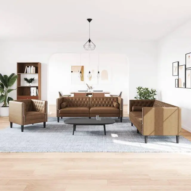 Alt view image 2 of 6 - vidaXL Chesterfield Sofa Set with Bolsters 3 Piece Brown Faux Suede Leather