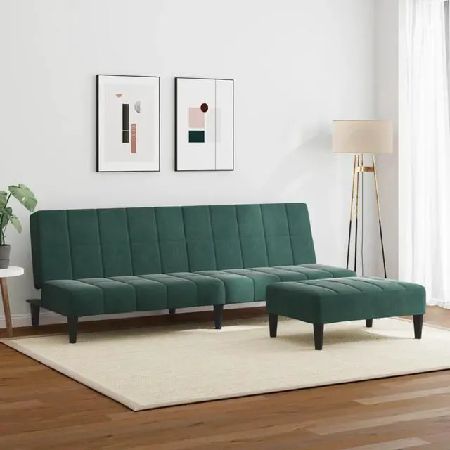 Alt view image 2 of 6 - vidaXL 2-Seater Sofa Bed with Footstool Upholstered Couch Dark Green Velvet